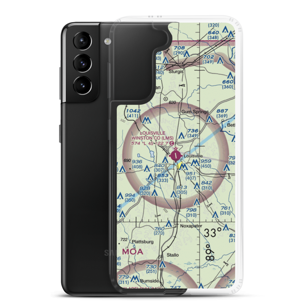 Louisville Winston County Airport (LMS) VFR Sectional Samsung Case Samsung Galaxy S21 Plus model shown