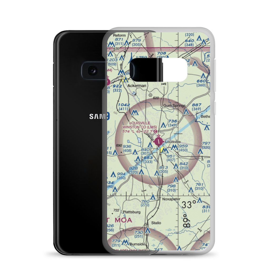 Louisville Winston County Airport (LMS) VFR Sectional Samsung Case Samsung Galaxy S10e model shown