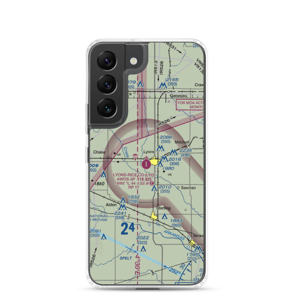 Lyons-Rice County Municipal Airport (LYO) VFR Sectional Samsung Case Samsung Galaxy S22 model shown