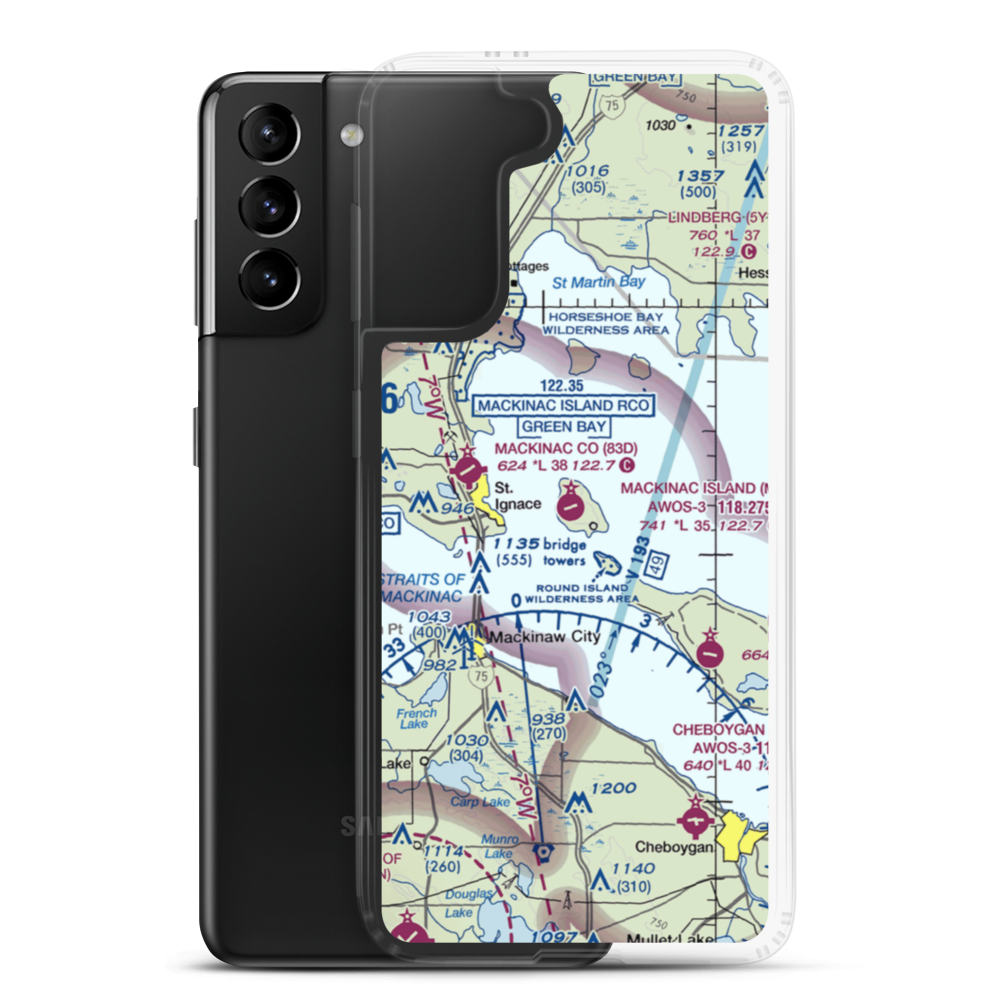 Mackinac Island Airport (MCD) VFR Sectional Samsung Case Samsung Galaxy S21 Plus model shown