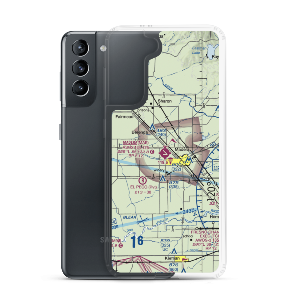 Madera Municipal Airport (MAE) VFR Sectional Samsung Case Samsung Galaxy S21 model shown