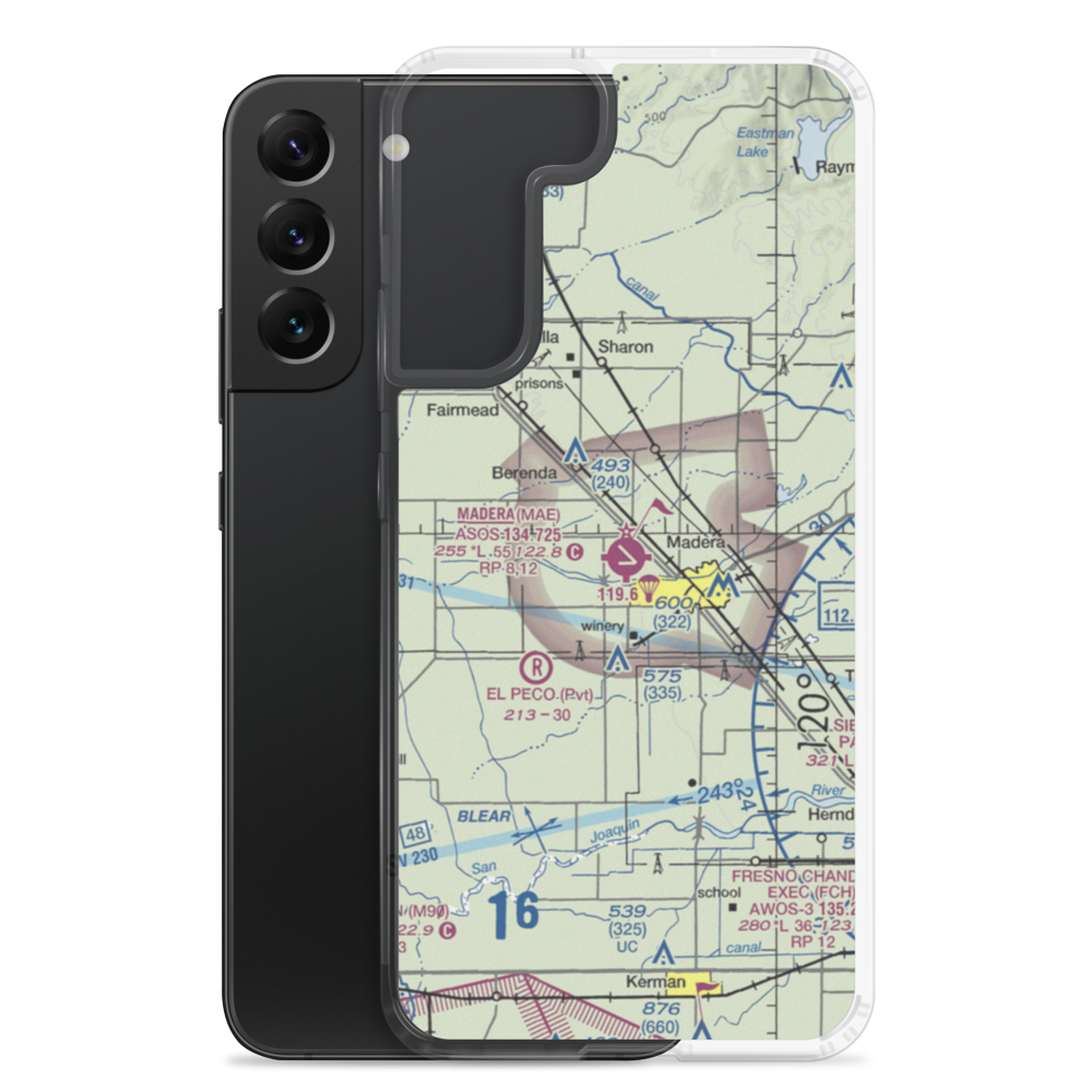 Madera Municipal Airport (MAE) VFR Sectional Samsung Case Samsung Galaxy S22 Plus model shown