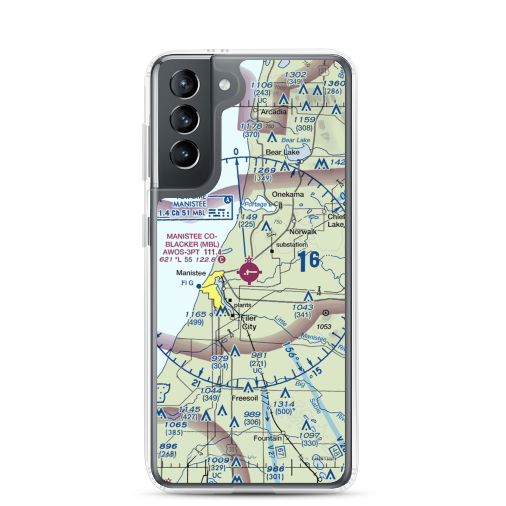 Manistee Co Blacker Airport (MBL) VFR Sectional Samsung Case Samsung Galaxy S21 model shown