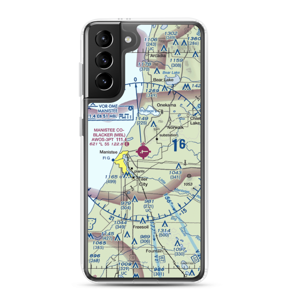 Manistee Co Blacker Airport (MBL) VFR Sectional Samsung Case Samsung Galaxy S21 Plus model shown