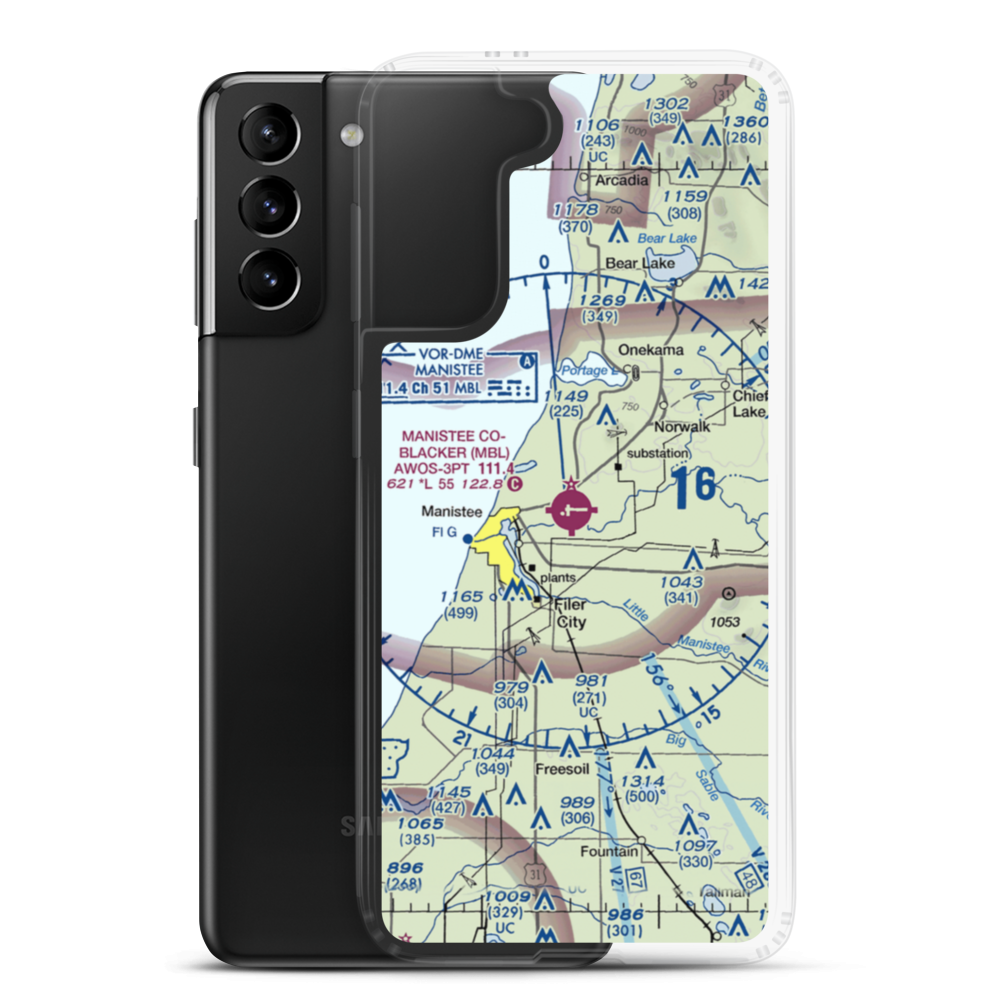 Manistee Co Blacker Airport (MBL) VFR Sectional Samsung Case Samsung Galaxy S21 Plus model shown