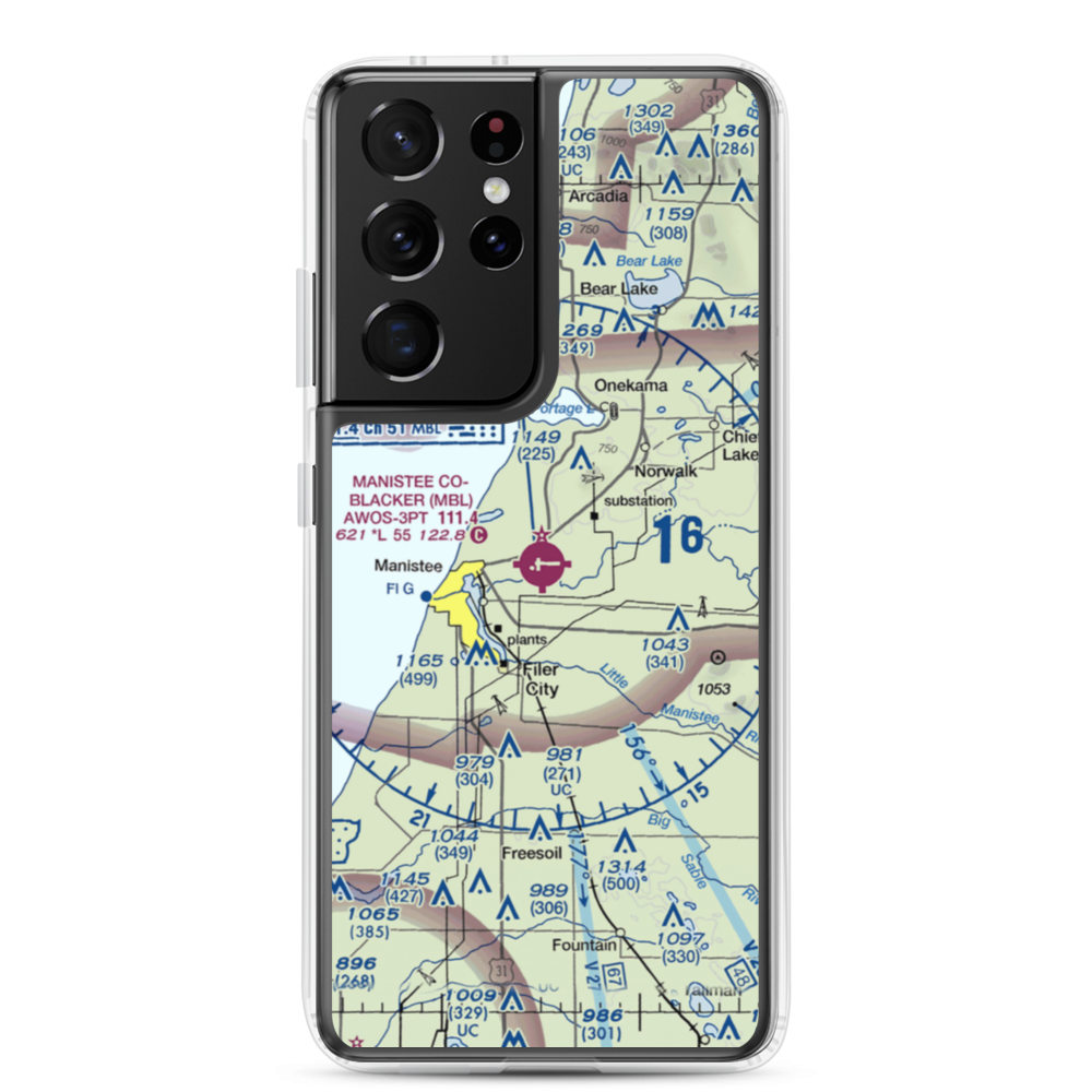 Manistee Co Blacker Airport (MBL) VFR Sectional Samsung Case Samsung Galaxy S21 Ultra model shown