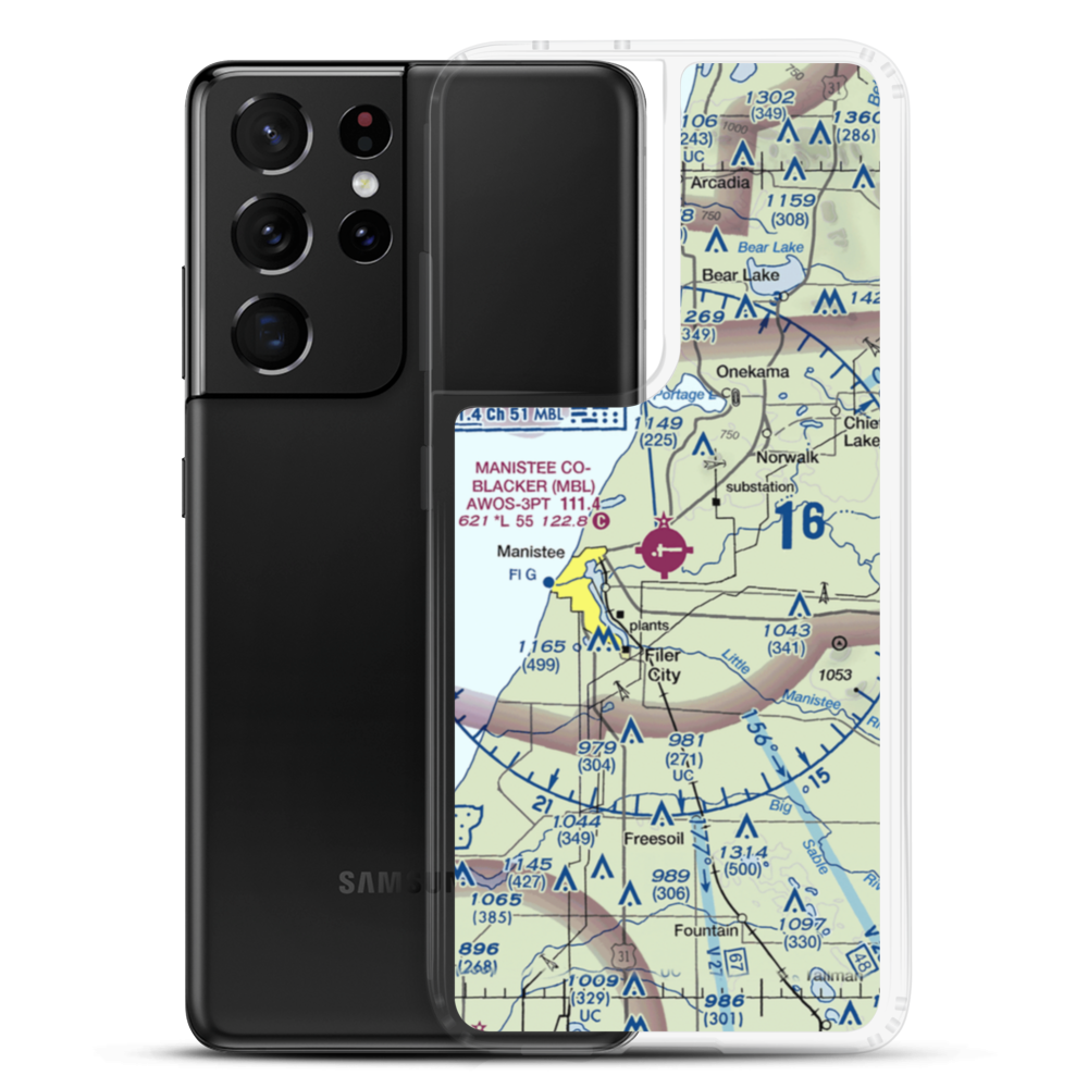 Manistee Co Blacker Airport (MBL) VFR Sectional Samsung Case Samsung Galaxy S21 Ultra model shown