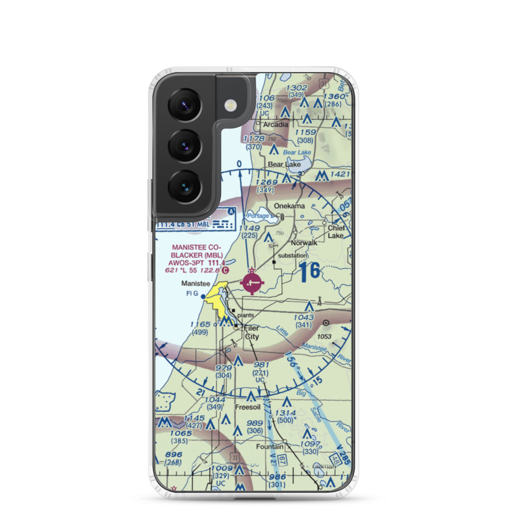 Manistee Co Blacker Airport (MBL) VFR Sectional Samsung Case Samsung Galaxy S22 model shown