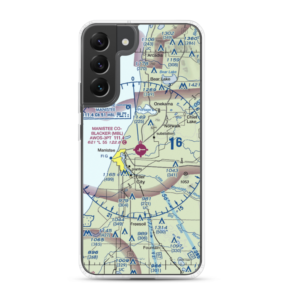 Manistee Co Blacker Airport (MBL) VFR Sectional Samsung Case Samsung Galaxy S22 Plus model shown