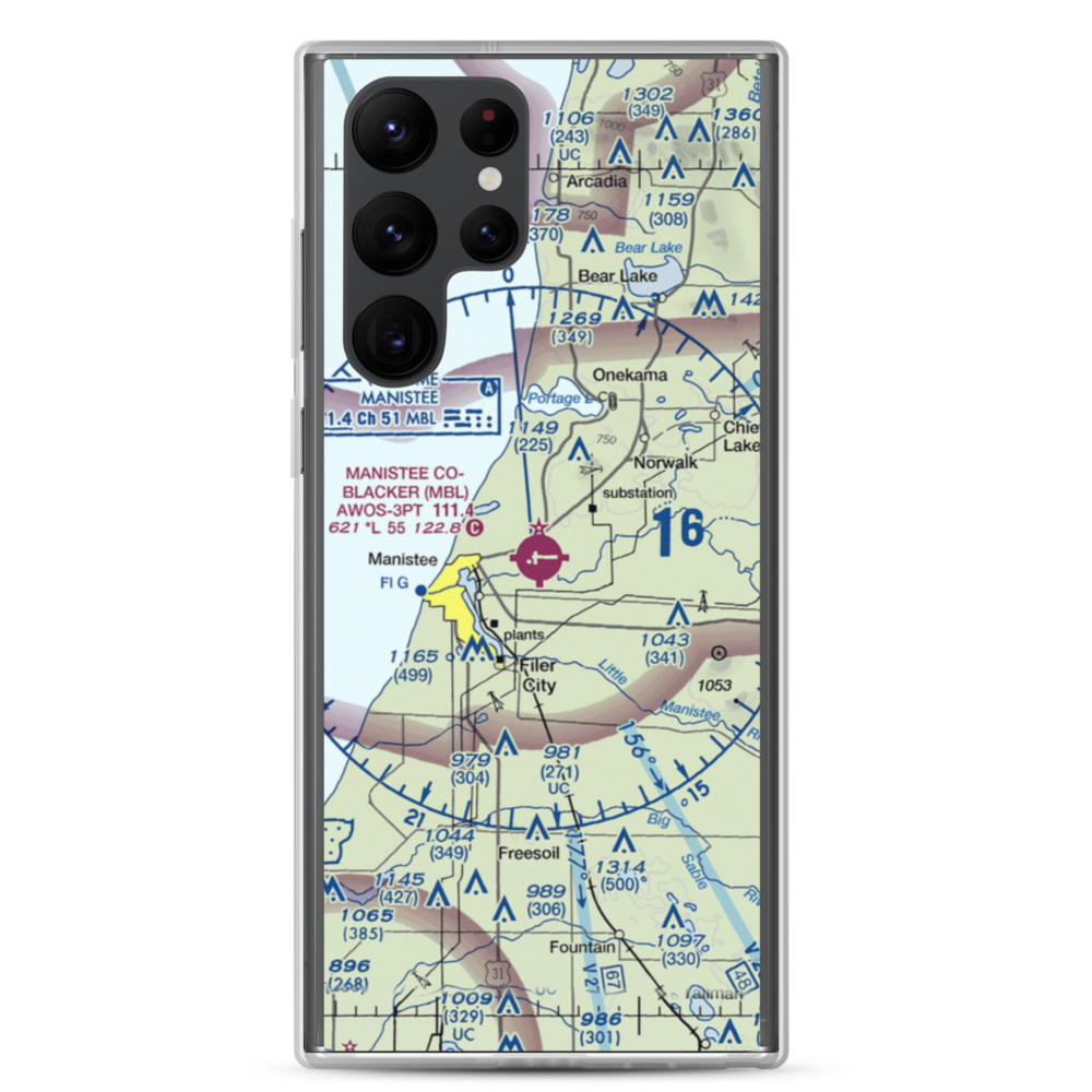 Manistee Co Blacker Airport (MBL) VFR Sectional Samsung Case Samsung Galaxy S22 Ultra model shown