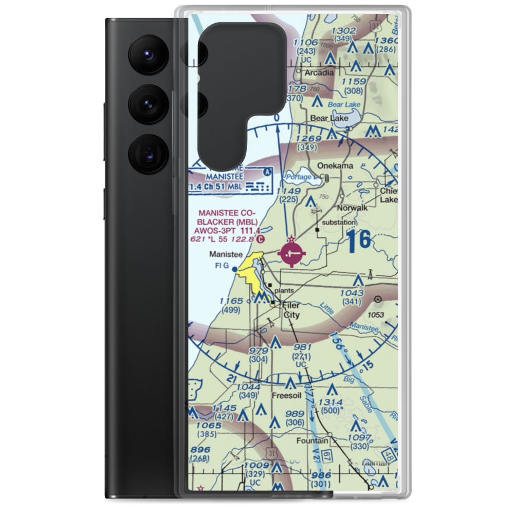 Manistee Co Blacker Airport (MBL) VFR Sectional Samsung Case Samsung Galaxy S22 Ultra model shown