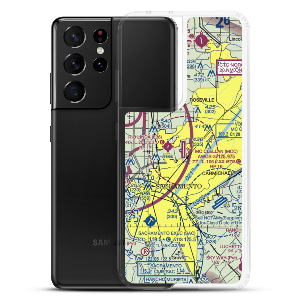 Mc Clellan Airfield (MCC) VFR Sectional Samsung Case Samsung Galaxy S21 Ultra model shown