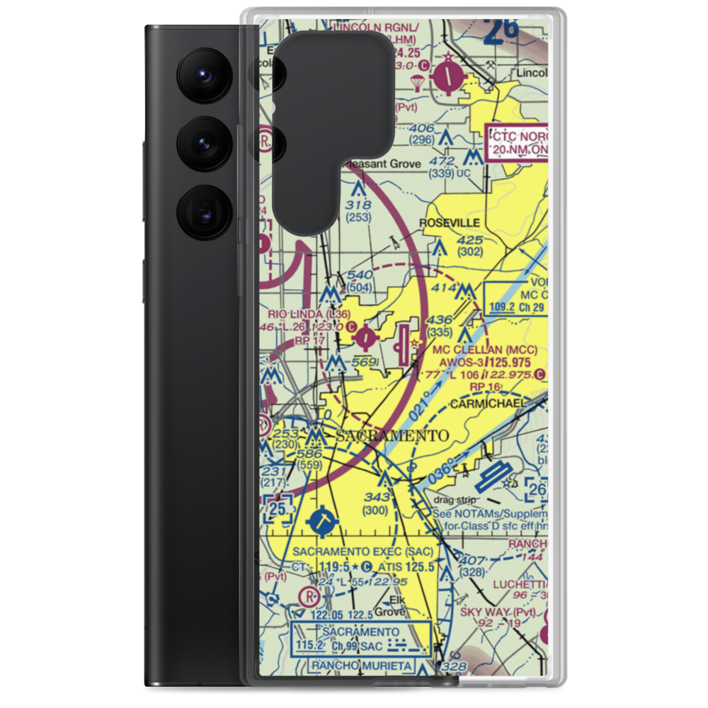 Mc Clellan Airfield (MCC) VFR Sectional Samsung Case Samsung Galaxy S22 Ultra model shown