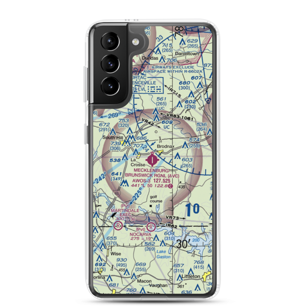 Mecklenburg Brunswick Regional Airport (AVC) VFR Sectional Samsung Case Samsung Galaxy S21 Plus model shown