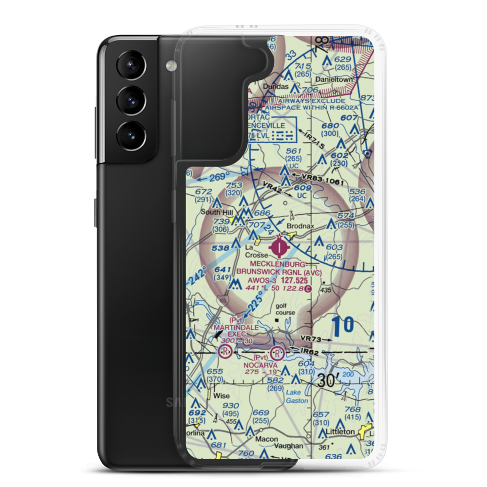 Mecklenburg Brunswick Regional Airport (AVC) VFR Sectional Samsung Case Samsung Galaxy S21 Plus model shown