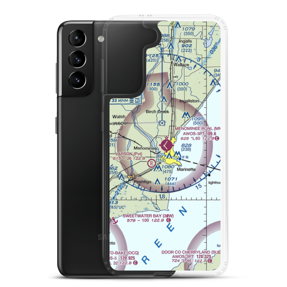 Menominee Regional Airport (MNM) VFR Sectional Samsung Case Samsung Galaxy S21 Plus model shown