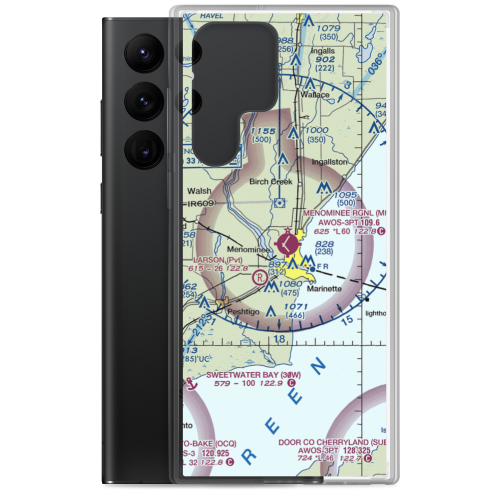 Menominee Regional Airport (MNM) VFR Sectional Samsung Case Samsung Galaxy S22 Ultra model shown