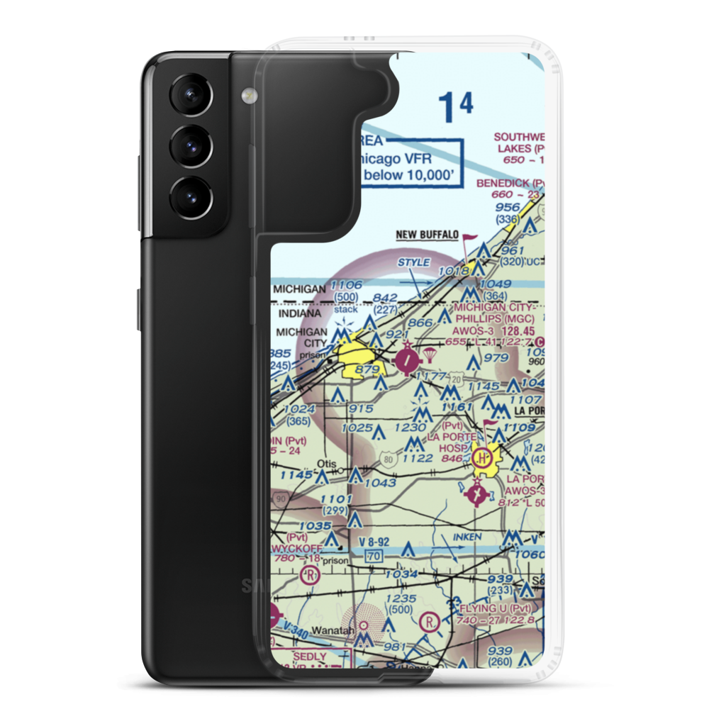 Michigan City Municipal Airport (MGC) VFR Sectional Samsung Case Samsung Galaxy S21 Plus model shown