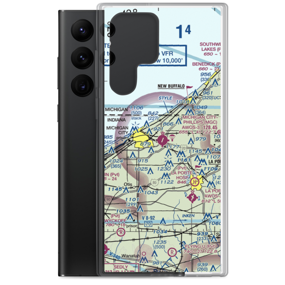 Michigan City Municipal Airport (MGC) VFR Sectional Samsung Case Samsung Galaxy S22 Ultra model shown