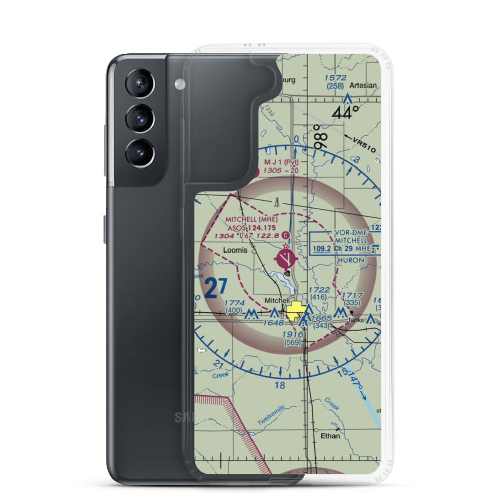 Mitchell Municipal Airport (MHE) VFR Sectional Samsung Case Samsung Galaxy S21 model shown