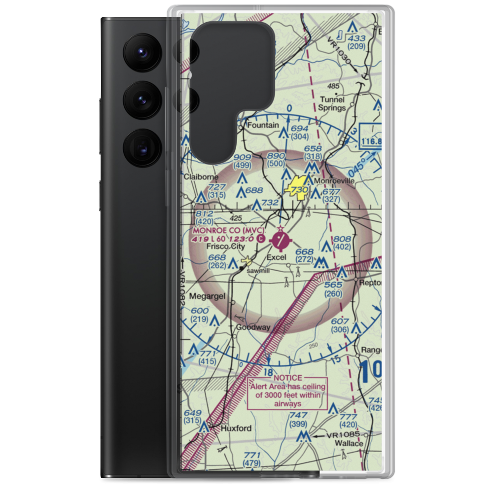 Monroe County Aeroplex Airport (MVC) VFR Sectional Samsung Case Samsung Galaxy S22 Ultra model shown