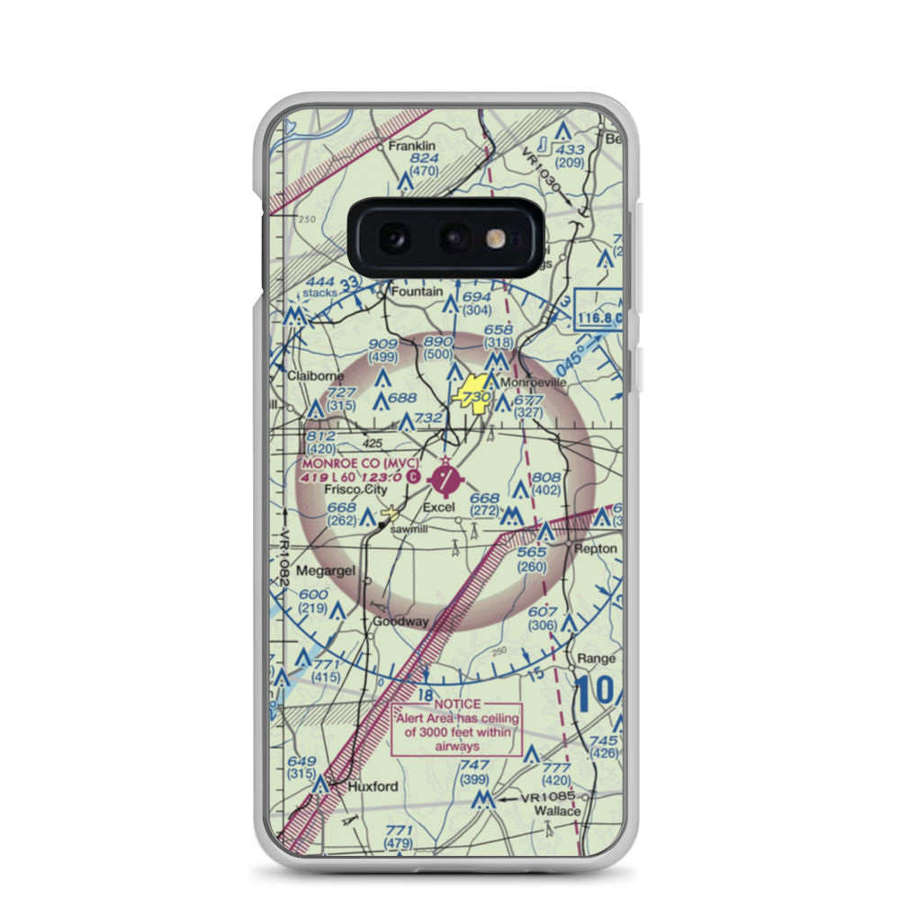 Monroe County Aeroplex Airport (MVC) VFR Sectional Samsung Case Samsung Galaxy S10e model shown