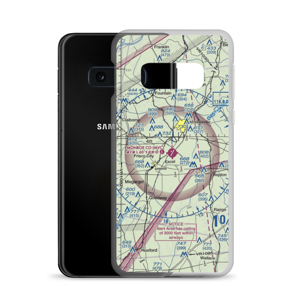 Monroe County Aeroplex Airport (MVC) VFR Sectional Samsung Case Samsung Galaxy S10e model shown