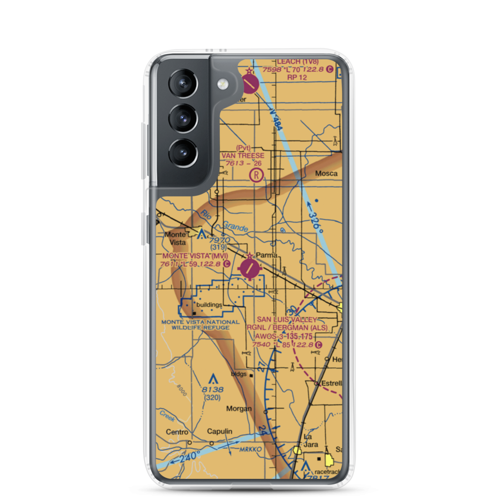 Monte Vista Municipal Airport (MVI) VFR Sectional Samsung Case Samsung Galaxy S21 model shown