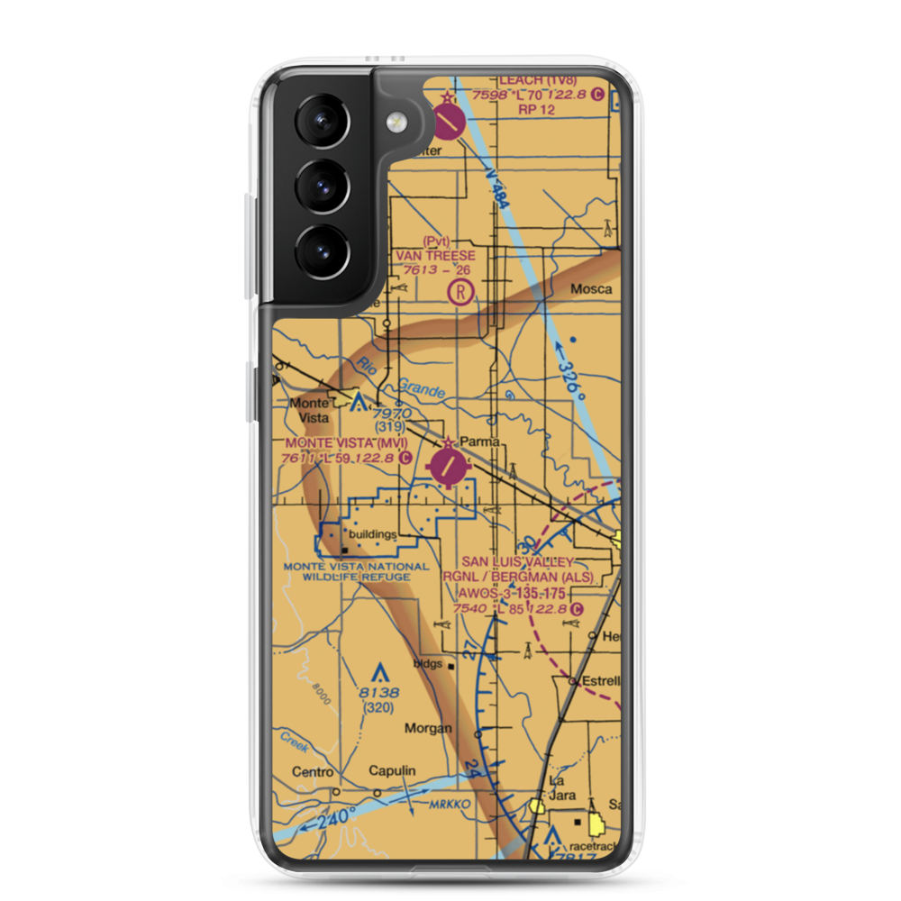 Monte Vista Municipal Airport (MVI) VFR Sectional Samsung Case Samsung Galaxy S21 Plus model shown
