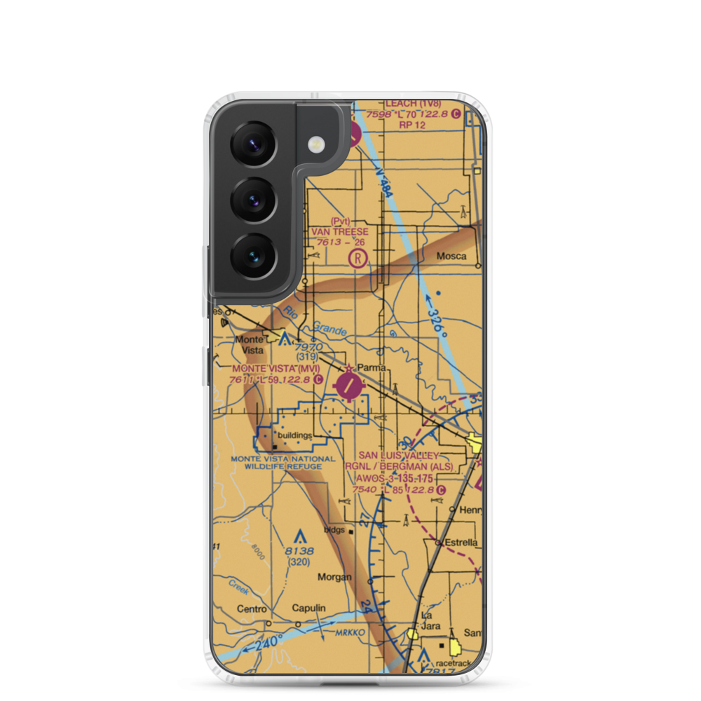 Monte Vista Municipal Airport (MVI) VFR Sectional Samsung Case Samsung Galaxy S22 model shown