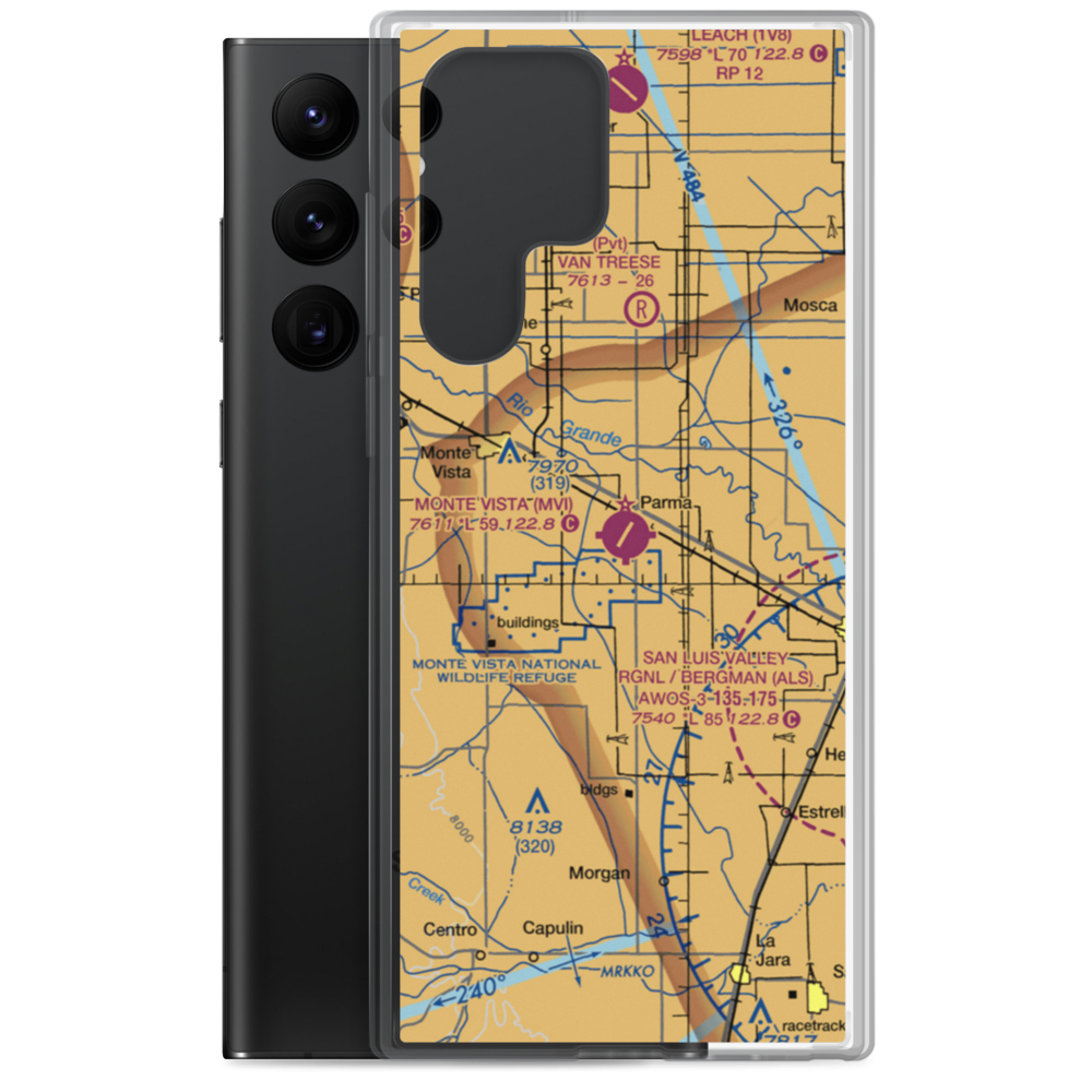 Monte Vista Municipal Airport (MVI) VFR Sectional Samsung Case Samsung Galaxy S22 Ultra model shown