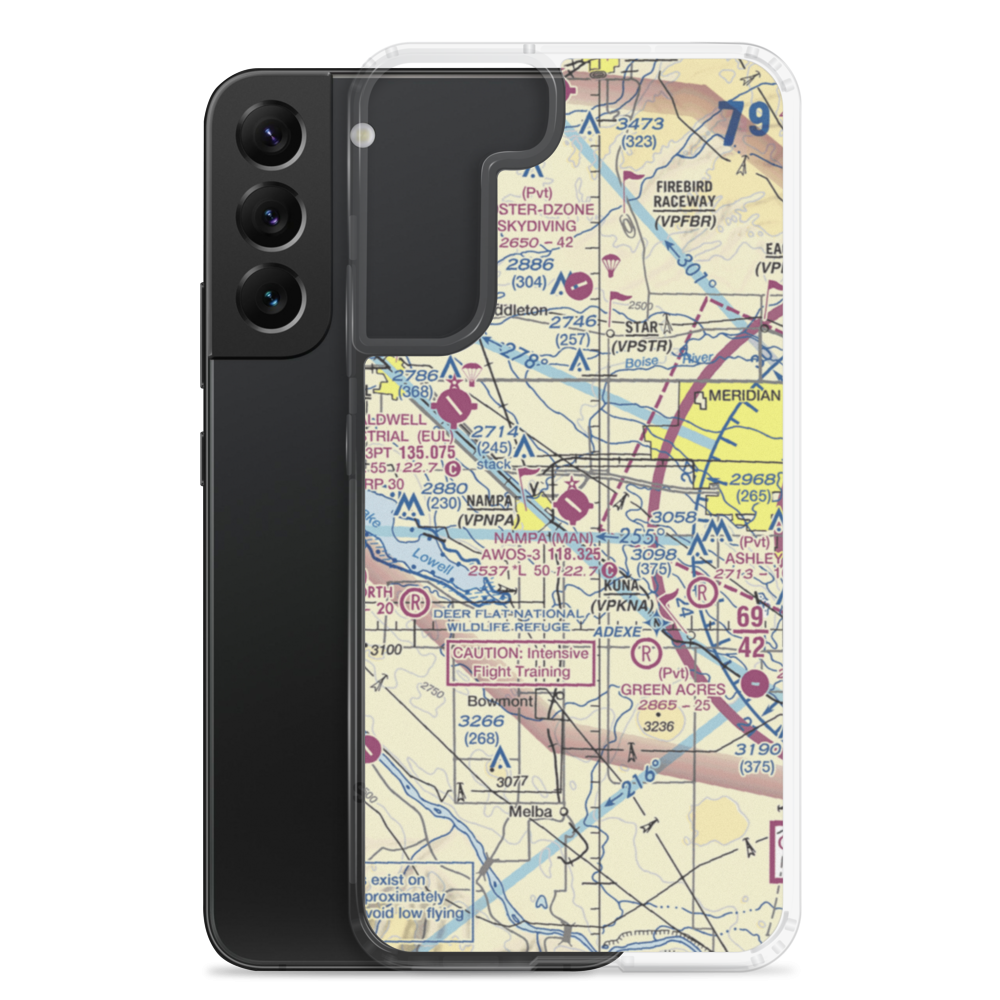 Nampa Municipal Airport (MAN) VFR Sectional Samsung Case Samsung Galaxy S22 Plus model shown