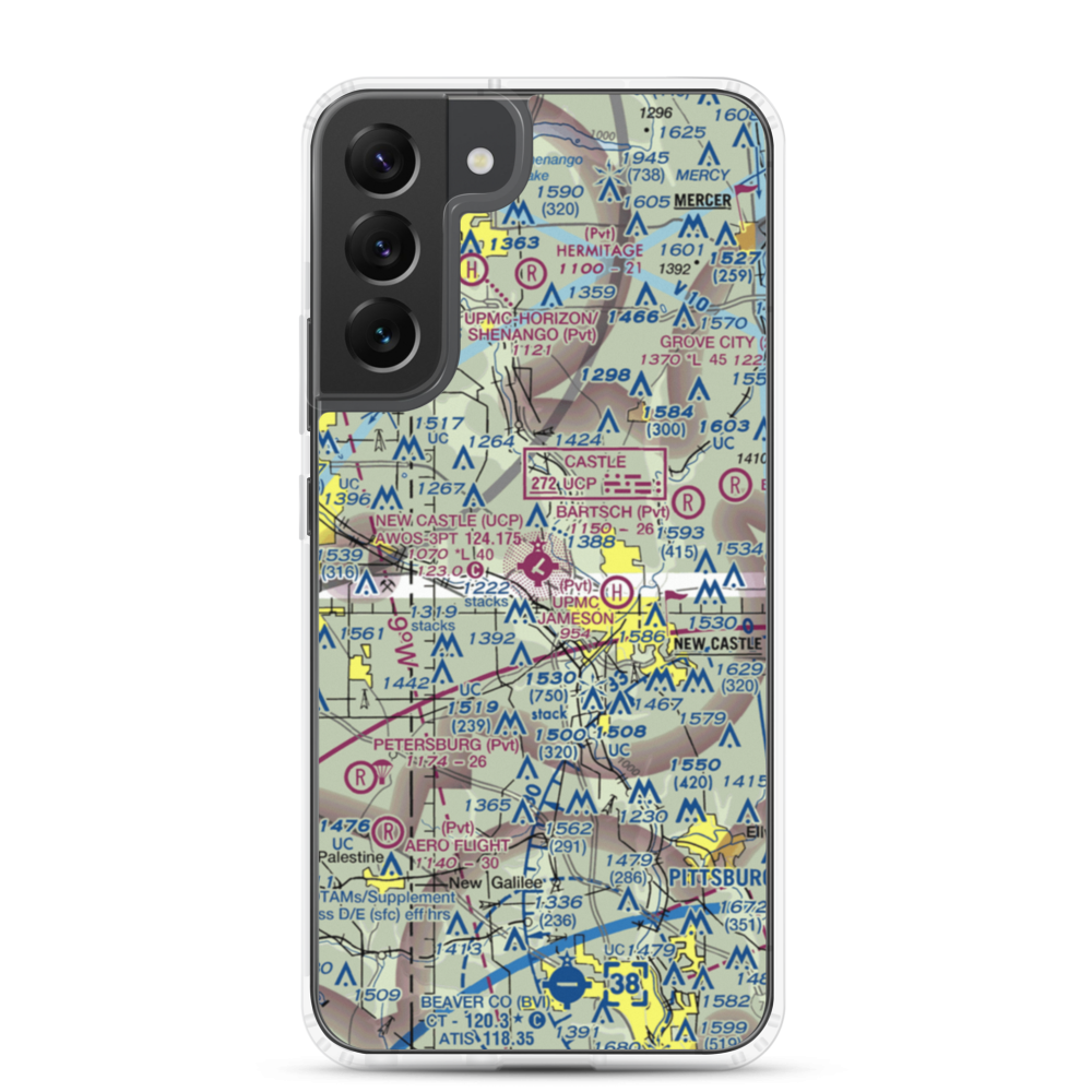 New Castle Municipal Airport (UCP) VFR Sectional Samsung Case Samsung Galaxy S22 Plus model shown