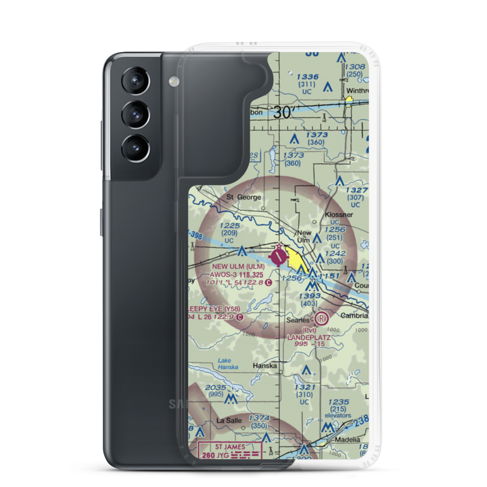 New Ulm Municipal Airport (ULM) VFR Sectional Samsung Case Samsung Galaxy S21 model shown