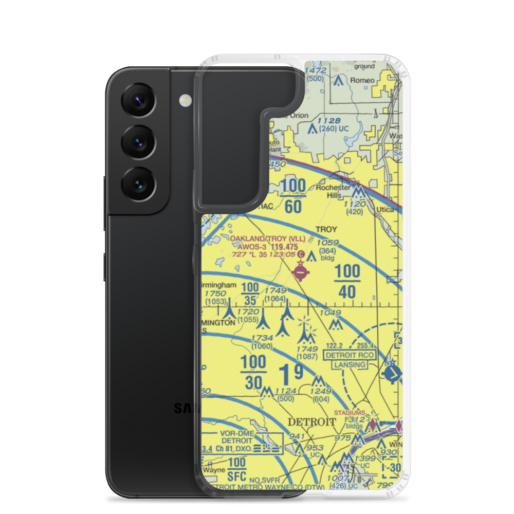 Oakland Troy Airport (VLL) VFR Sectional Samsung Case Samsung Galaxy S22 model shown