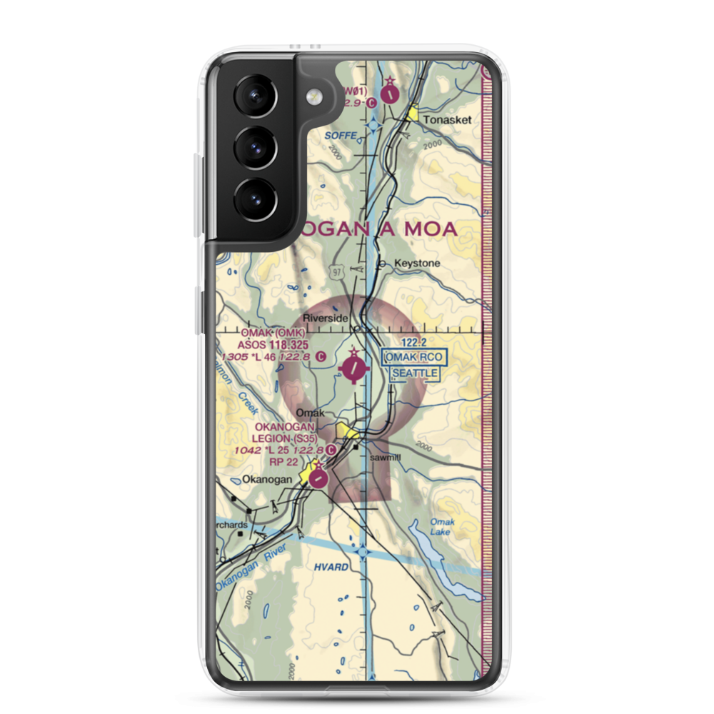 Omak Airport (OMK) VFR Sectional Samsung Case Samsung Galaxy S21 Plus model shown