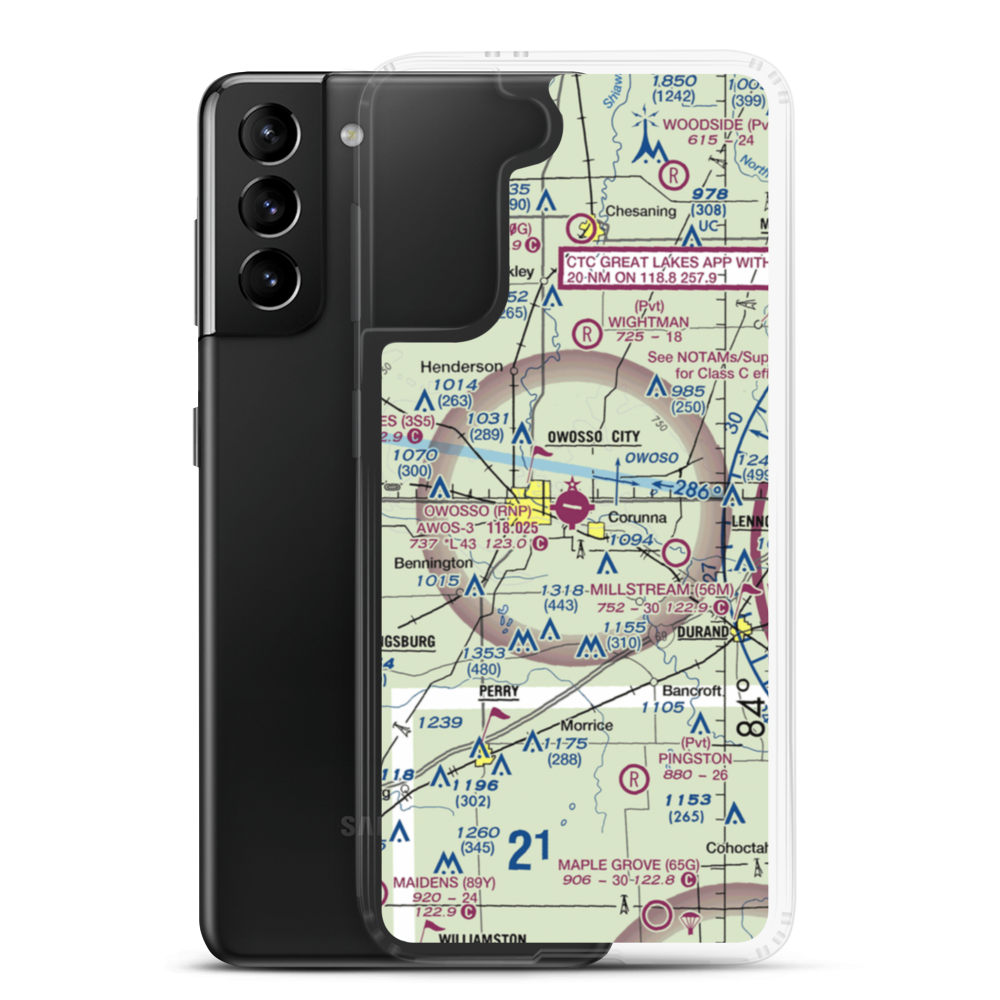 Owosso Community Airport (RNP) VFR Sectional Samsung Case Samsung Galaxy S21 Plus model shown