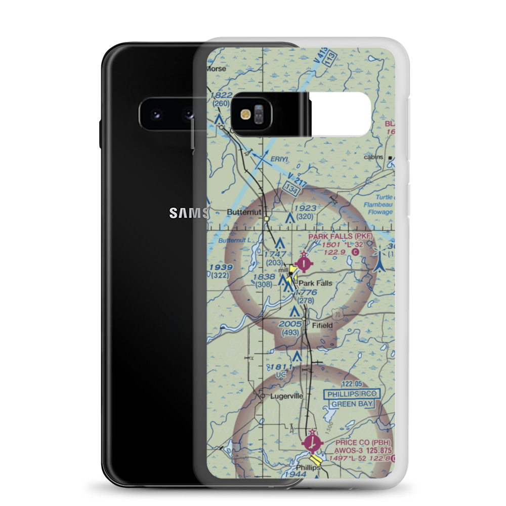 Park Falls Municipal Airport (PKF) VFR Sectional Samsung Case Samsung Galaxy S10 model shown