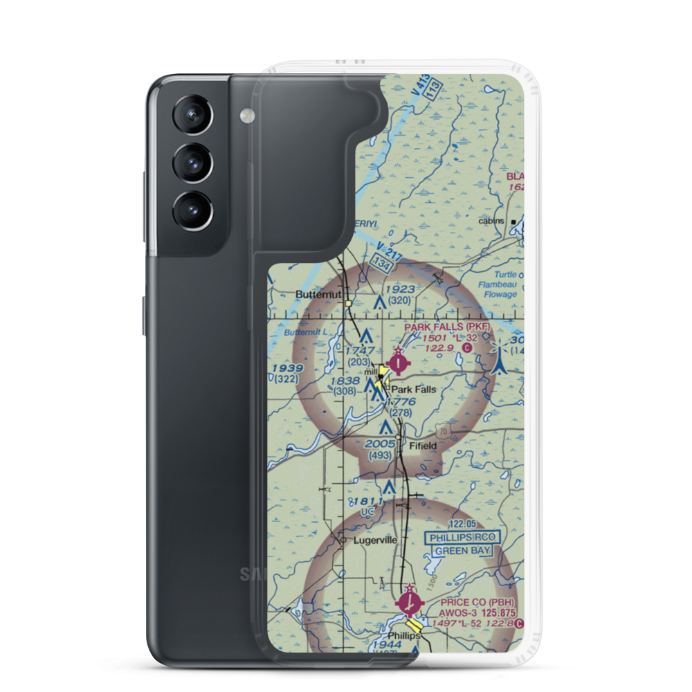 Park Falls Municipal Airport (PKF) VFR Sectional Samsung Case Samsung Galaxy S21 model shown