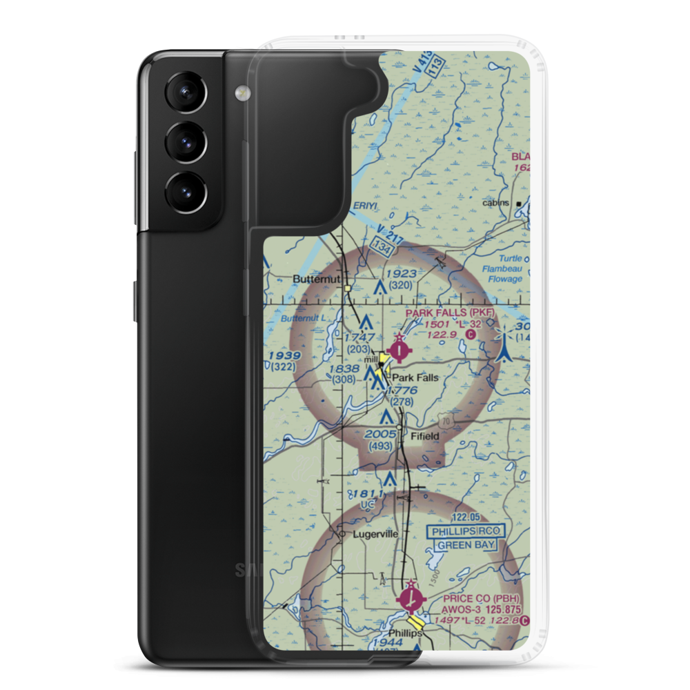 Park Falls Municipal Airport (PKF) VFR Sectional Samsung Case Samsung Galaxy S21 Plus model shown