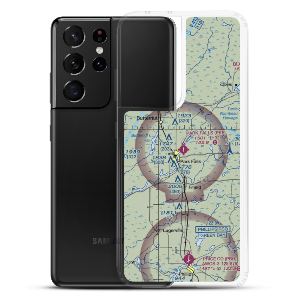 Park Falls Municipal Airport (PKF) VFR Sectional Samsung Case Samsung Galaxy S21 Ultra model shown