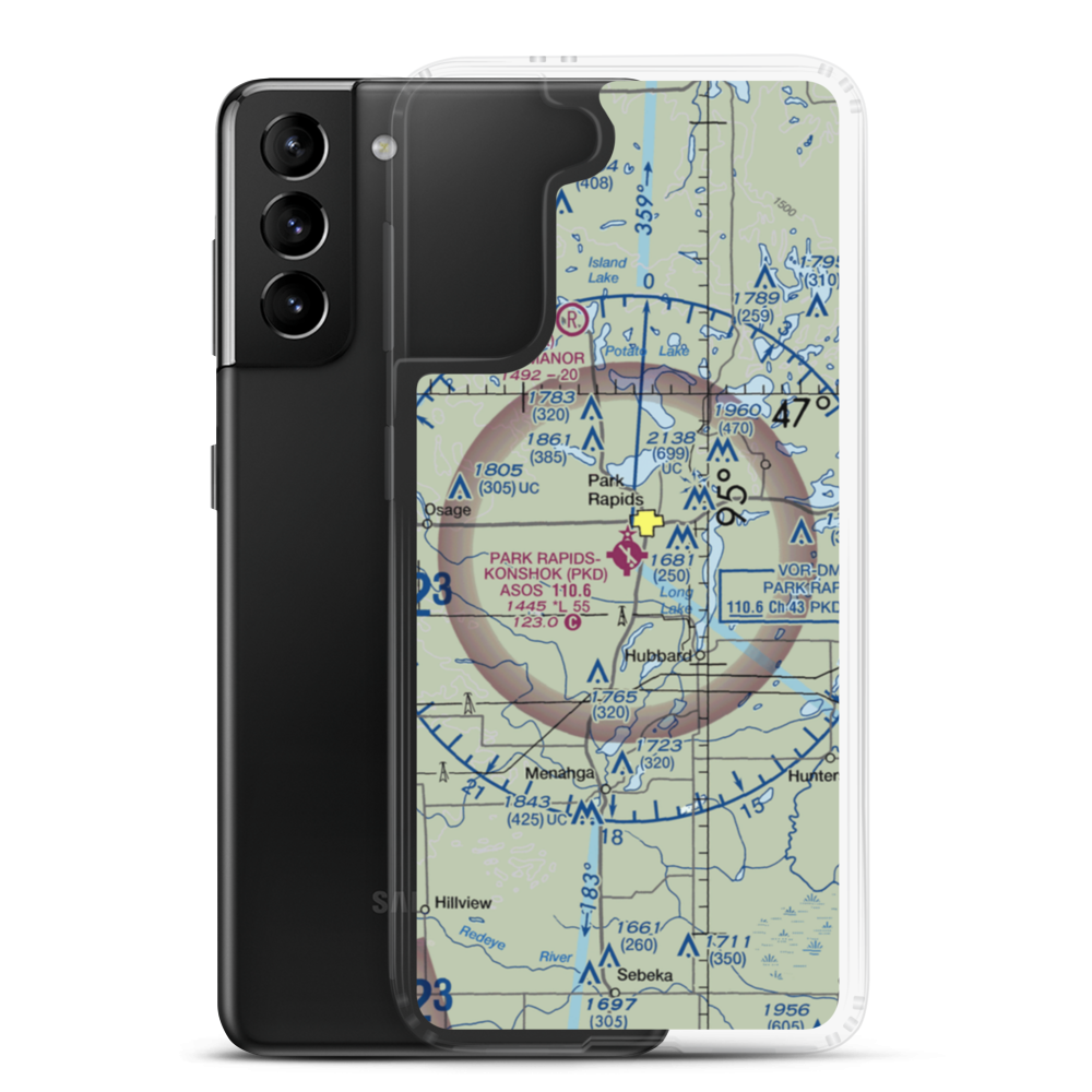 Park Rapids Municipal Konshok Field (PKD) VFR Sectional Samsung Case Samsung Galaxy S21 Plus model shown