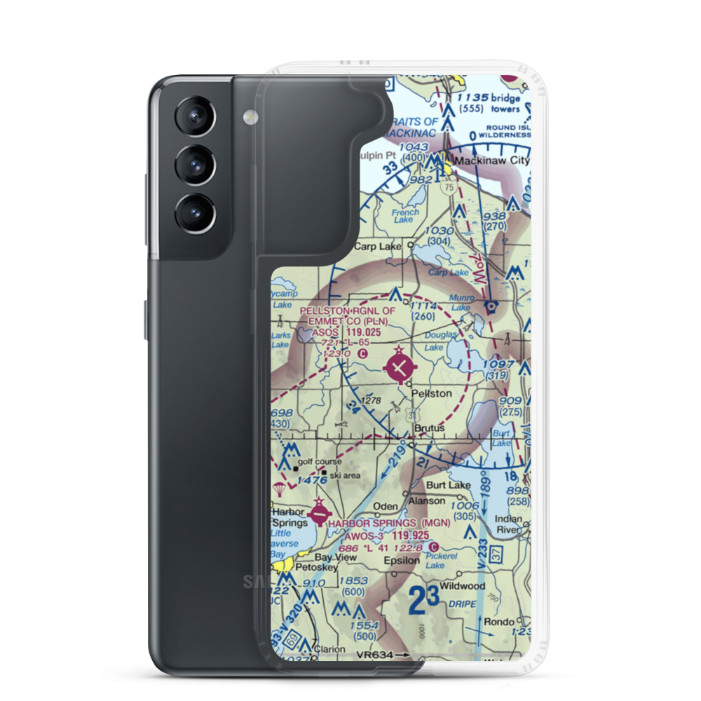 Pellston Regional Airport of Emmet County Airport (PLN) VFR Sectional Samsung Case Samsung Galaxy S21 model shown
