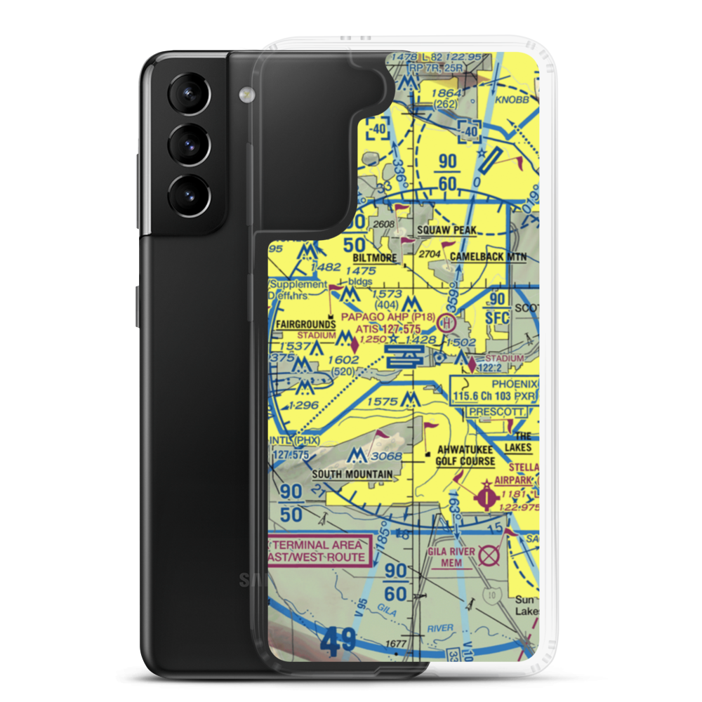 Phoenix Sky Harbor International Airport (PHX) VFR Sectional Samsung Case Samsung Galaxy S21 Plus model shown