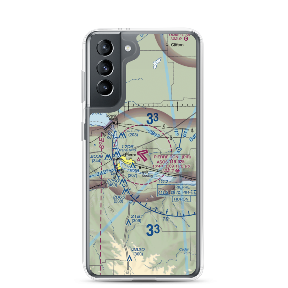 Pierre Regional Airport (PIR) VFR Sectional Samsung Case Samsung Galaxy S21 model shown
