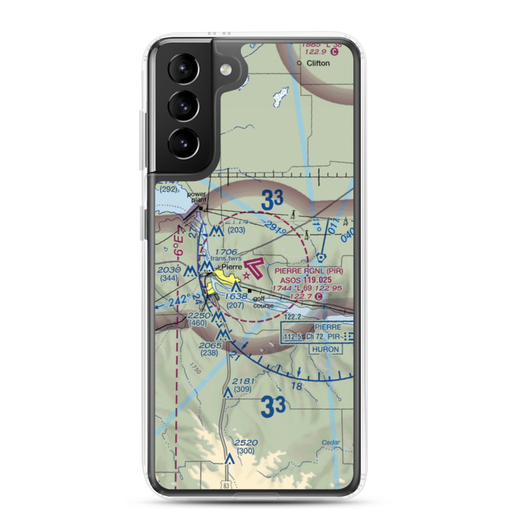 Pierre Regional Airport (PIR) VFR Sectional Samsung Case Samsung Galaxy S21 Plus model shown
