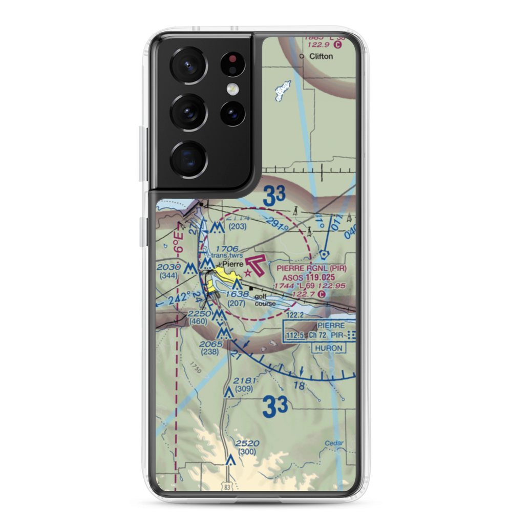 Pierre Regional Airport (PIR) VFR Sectional Samsung Case Samsung Galaxy S21 Ultra model shown