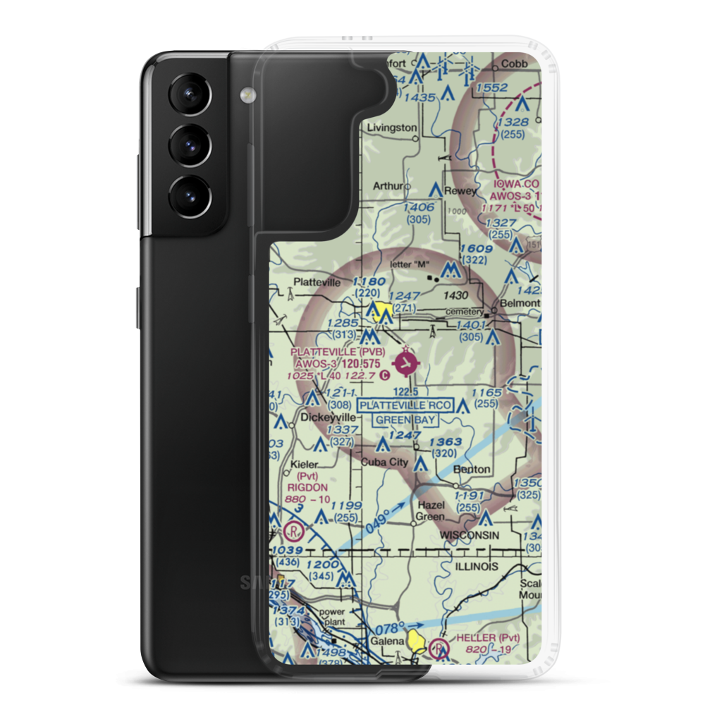 Platteville Municipal Airport (PVB) VFR Sectional Samsung Case Samsung Galaxy S21 Plus model shown
