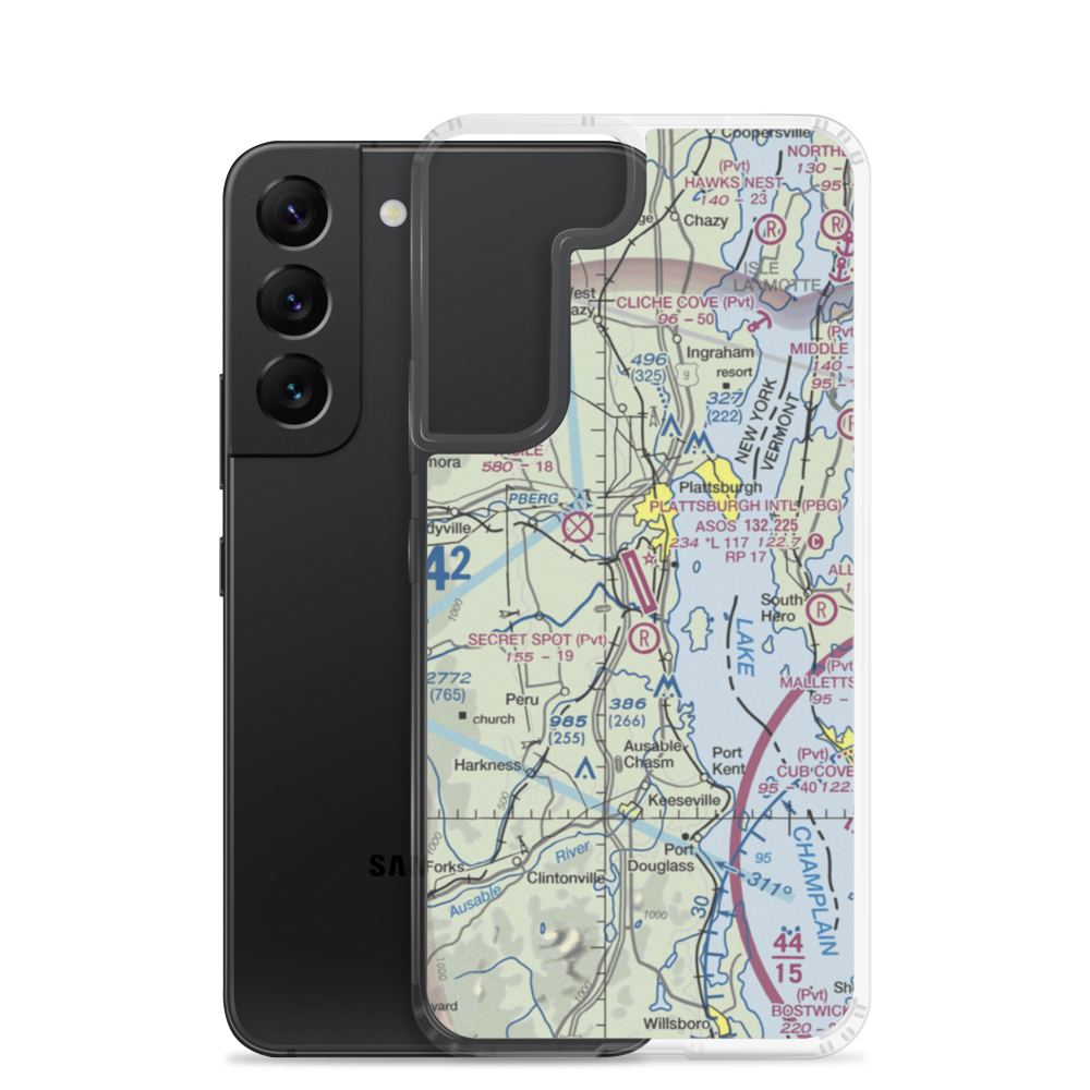 Plattsburgh International Airport (PBG) VFR Sectional Samsung Case Samsung Galaxy S22 model shown