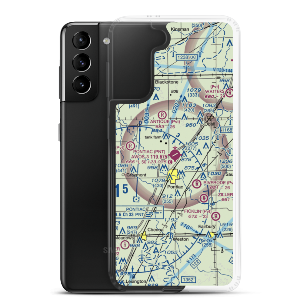 Pontiac Municipal Airport (PNT) VFR Sectional Samsung Case Samsung Galaxy S21 Plus model shown
